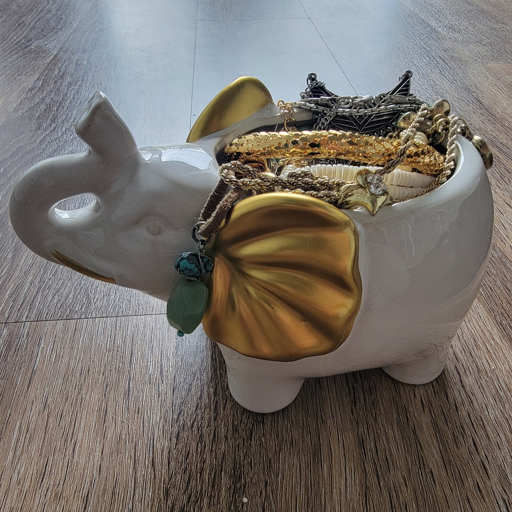 Mystery White And Gold Elephant Jewelry Jar/Potter Filled with Jewelry